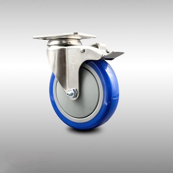 5 Inch 316SS Blue Polyurethane Swivel Top Plate Caster with Total Lock Brake